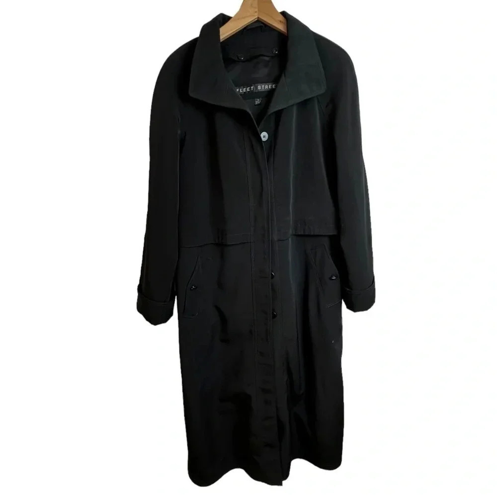 Fleet Street Black Trench Coat Women's 12 Long Rain Wind Button‎ Up Classic